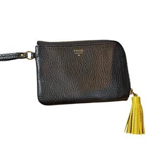 Fossil Black Leather Tara Wristlet with Yellow Tassel Wallet